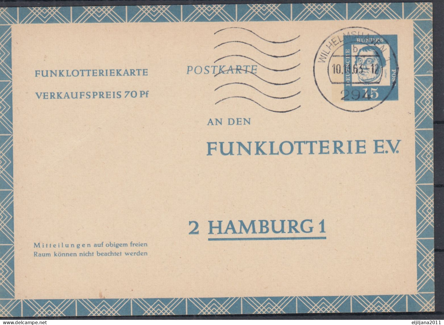 ⁕ Germany 1963 Deutsche BundesPost ⁕ FUNKLOTTERIE E.V.  2 Hamburg 1 ⁕ WILHELMSHAVEN Postmark ⁕ Stationery Postcard - Cartes Postales - Oblitérées