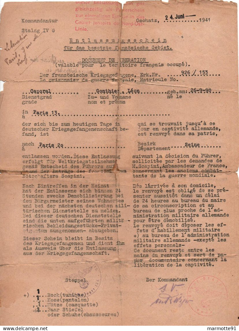 DOCUMENT LIBERATION PRISONNIER GUERRE FRANCAIS STALAG IVG OSCHATZ 1941 KG CAMP - 1939-45