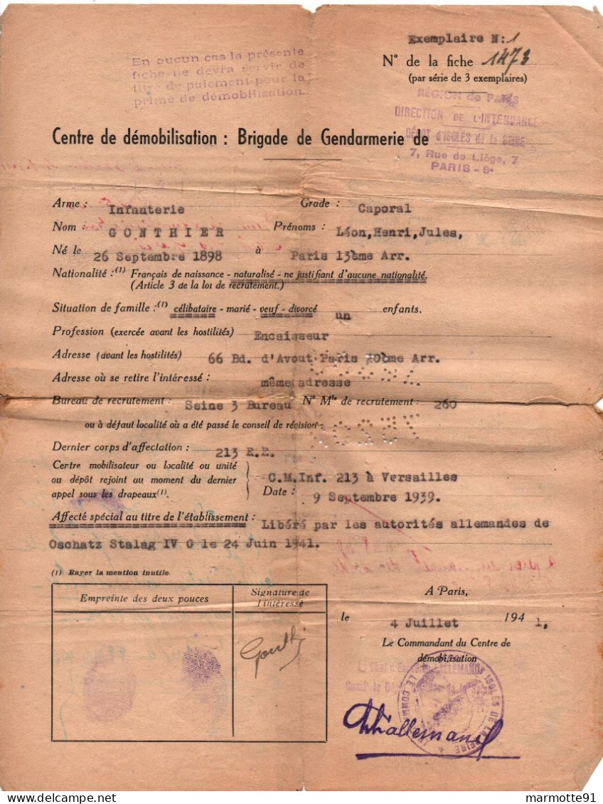 DOCUMENT LIBERATION PRISONNIER GUERRE FRANCAIS STALAG IVG OSCHATZ 1941 KG CAMP - 1939-45