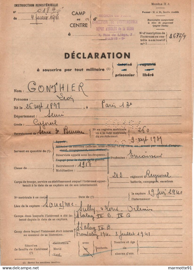 DOCUMENT LIBERATION PRISONNIER GUERRE FRANCAIS STALAG IVG OSCHATZ 1941 KG CAMP - 1939-45