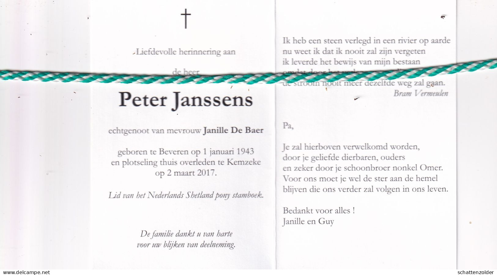 Peter Janssens-De Baer, Beveren 1943, Kemzeke 2017. Foto Shetland Pony's - Obituary Notices