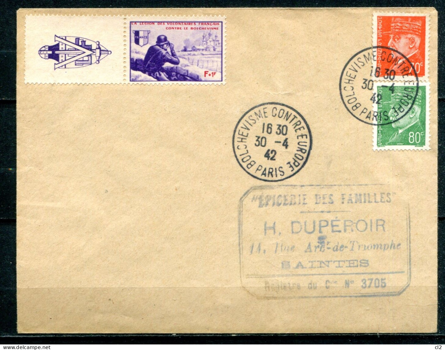 FRANCE  - 30.4.42 - PARIS - BOLCHEVISME CONTRE EUROPE (avec LVF N° 6 + Vignette) (voir Description) - Oorlog 1939-45