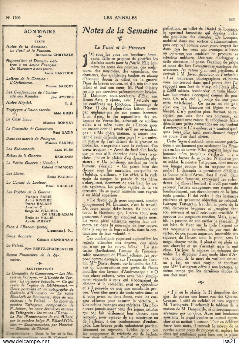 Revue LES ANNALES: 26 Mars 1916; Images De La Guerre. Le Fusil Et Le Pinceau, Union Sacrée, Verdun! Conquête Du Cameroun - 1900 - 1949