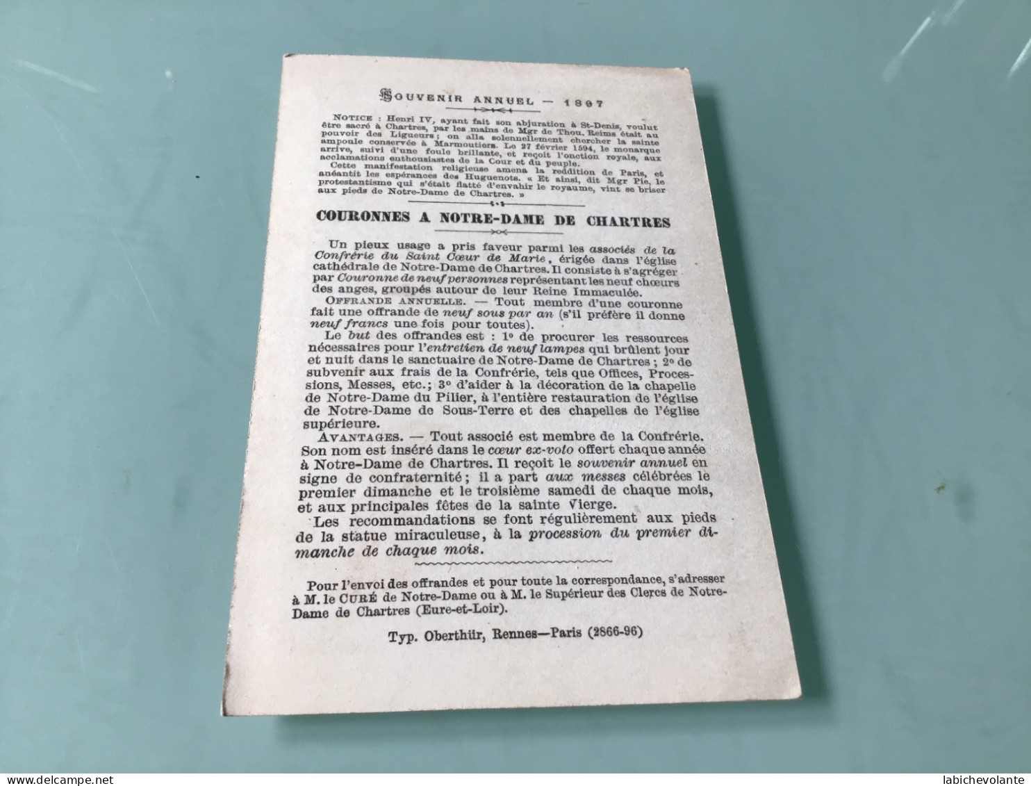 Image Pieuse - Notre-Dame De CHARTRES. - Souvenir Annuel 1897 - Godsdienst & Esoterisme