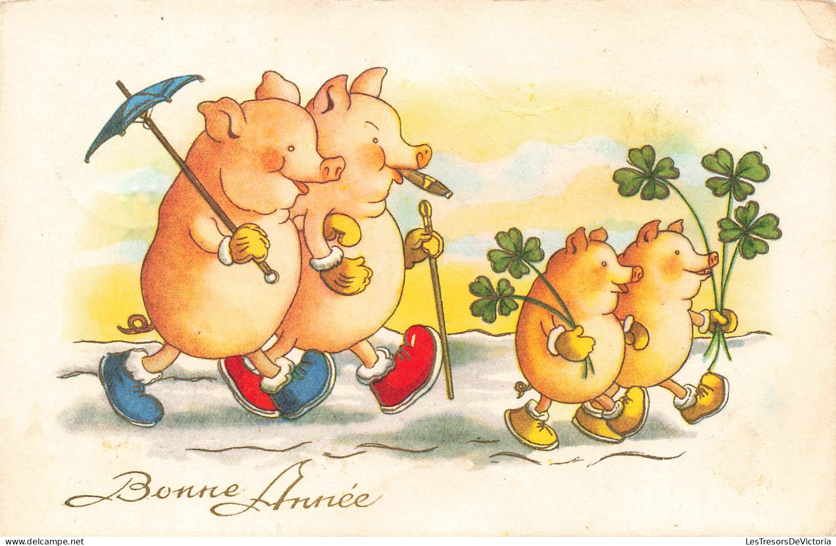 FETES ET VOEUX - Nouvel An - La Famille Cochon Marchant Dans La Neige  - Colorisé - Carte Postale Ancienne - Neujahr