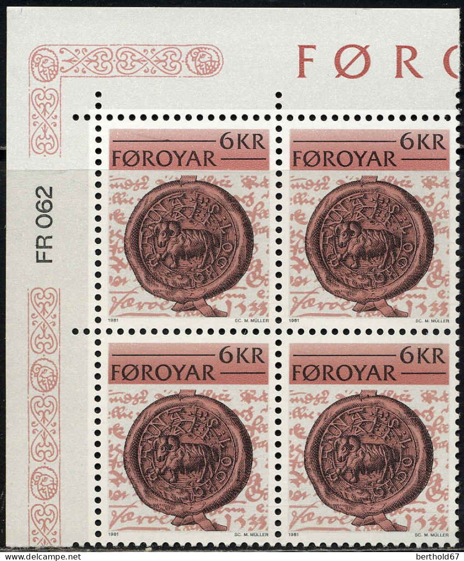 Feroe Poste N** Yv: 59/63 Ecrits Historiques Des Îles Féroé Coin D.feuille X4 - Färöer Inseln