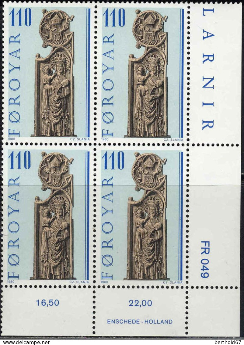 Feroe Poste N** Yv: 49/52 Les Bancs D'Eglises De Kirkjubour 1.Serie Coin D.feuille X4 - Färöer Inseln
