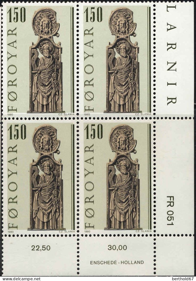 Feroe Poste N** Yv: 49/52 Les Bancs D'Eglises De Kirkjubour 1.Serie Coin D.feuille X4 - Faroe Islands