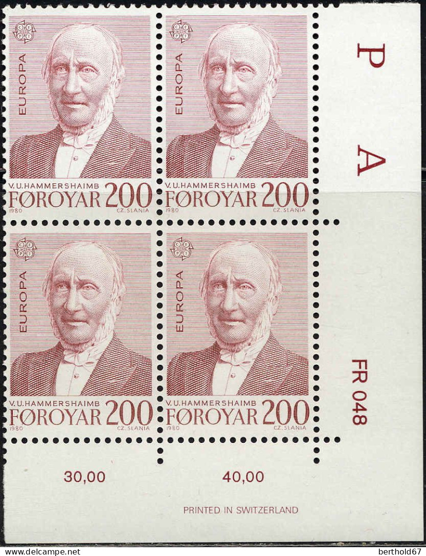 Feroe Poste N** Yv: 47/48 Europa Cept Personnages Célèbres Coin D.feuille X4 - Faroe Islands