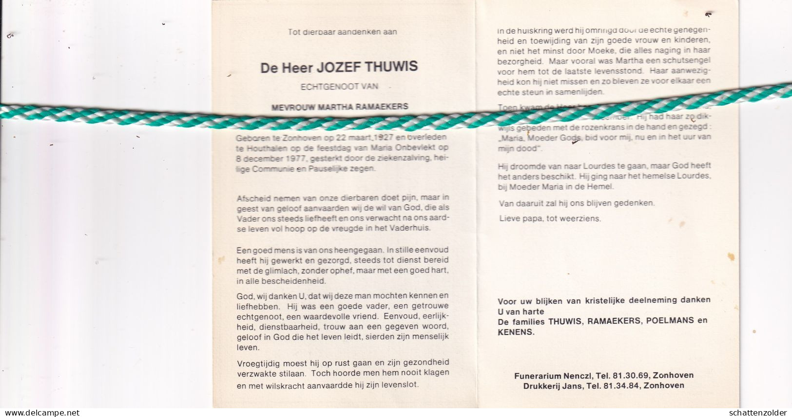 Jozef Thuwis-Ramaekers, Zonhoven 1927, Houthalen 1977 - Esquela