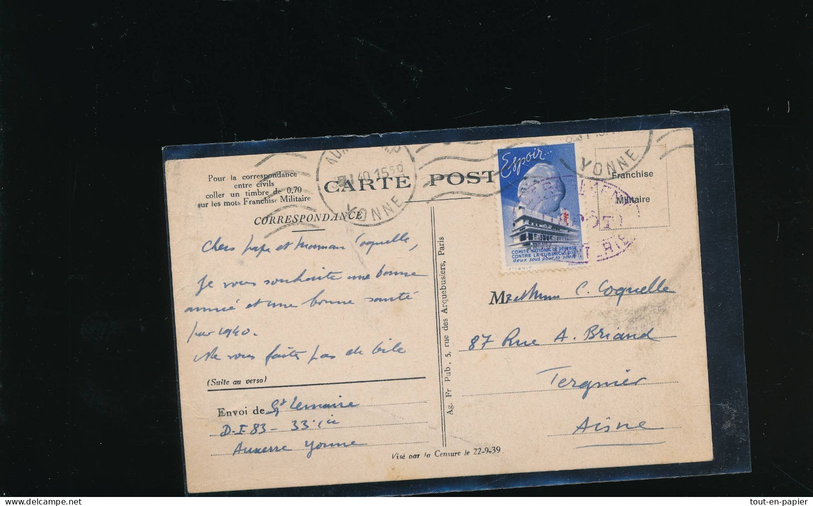 CPA Carte Postale  D'Auxerre Vers Tergnier Aisne Cachet Régiment D'infanterie - Vignette Espoir Contre Tuberculose - Guerre 1939-45