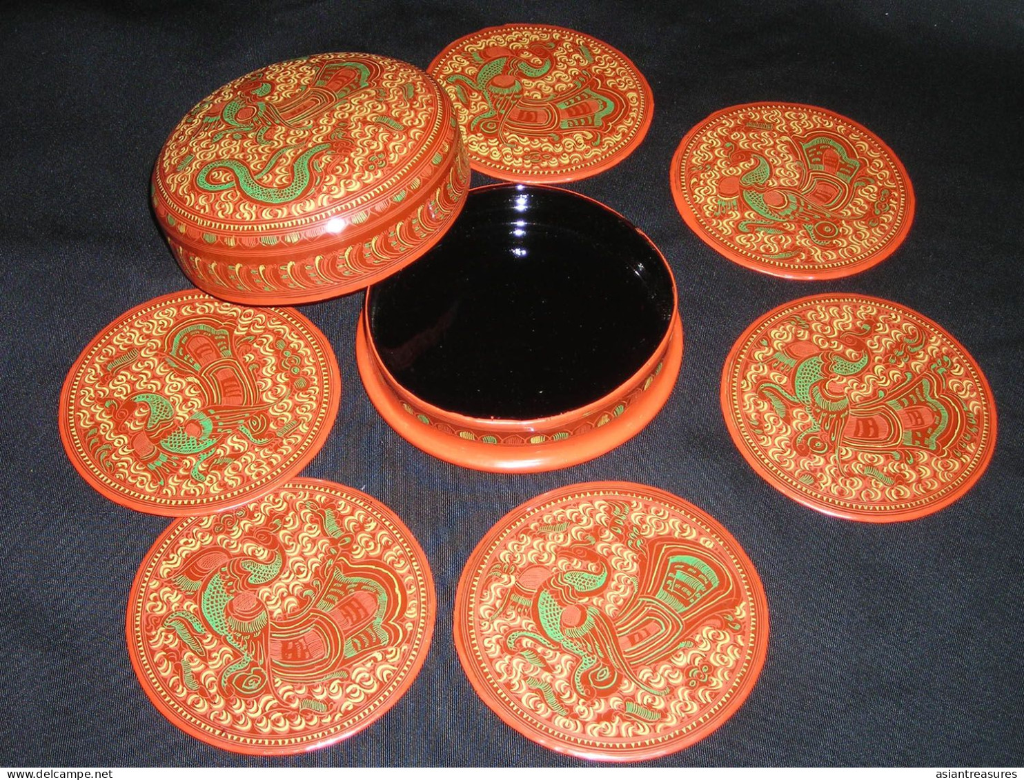 Antique Burma  Royalty 8-piece Hand-painted, Hand Etched Coaster Set Intricate Work Ca 1900 - Arte Asiático