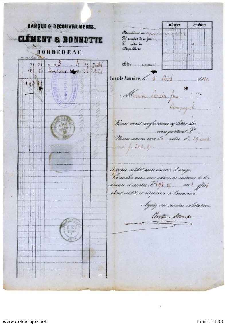 Courrier Année 1881 Envoyé à M. Cousin Banquier à CHAMPAGNOLE 39 Jura De La Banque CLEMENT BONNOTTE à LONS LE SAUNIER - 1876-1898 Sage (Type II)
