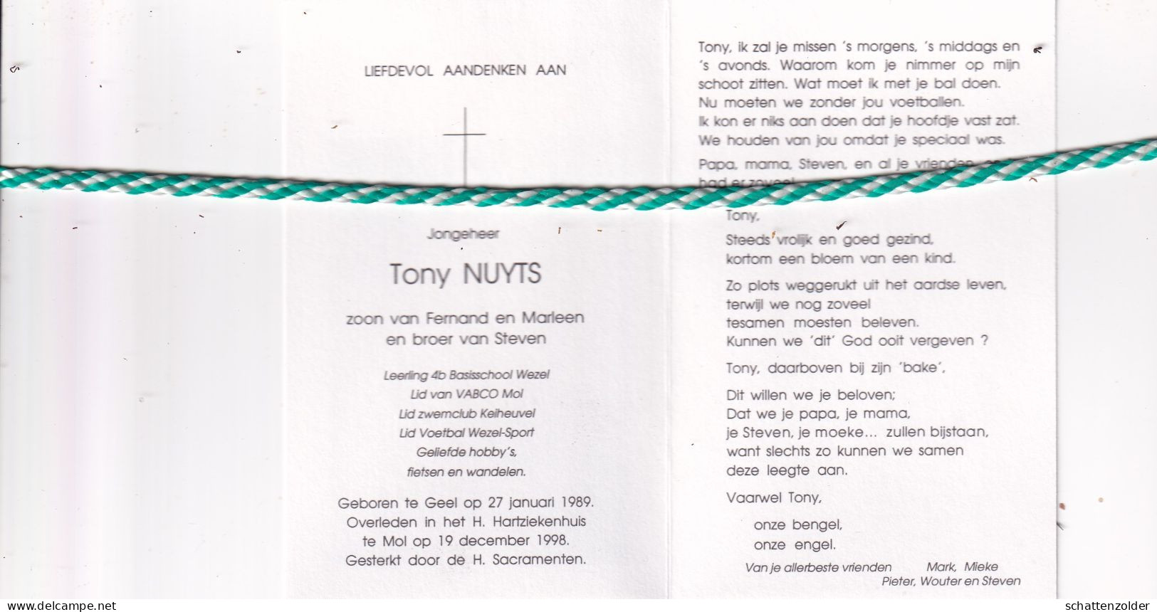 Tony Nuyts, Geel 1989, Mol 1998. Foto - Overlijden