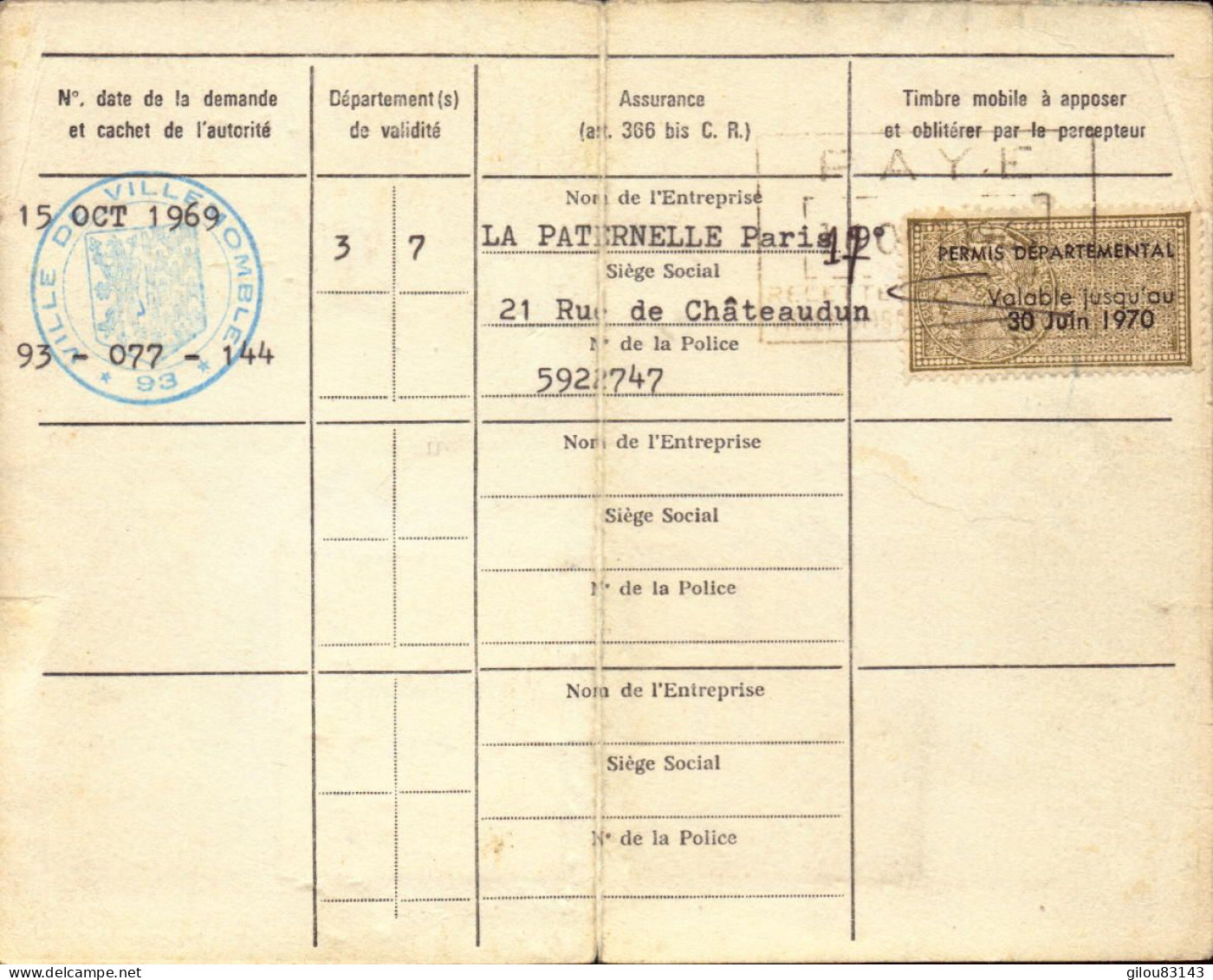 Permis De Chasse, Villemomble, (eine Saint Denis) Timbre Fiscal, Permis Departemental, 1970 - Unclassified