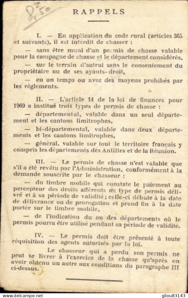 Permis De Chasse, Villemomble, (eine Saint Denis) Timbre Fiscal, Permis Departemental, 1970 - Non Classés