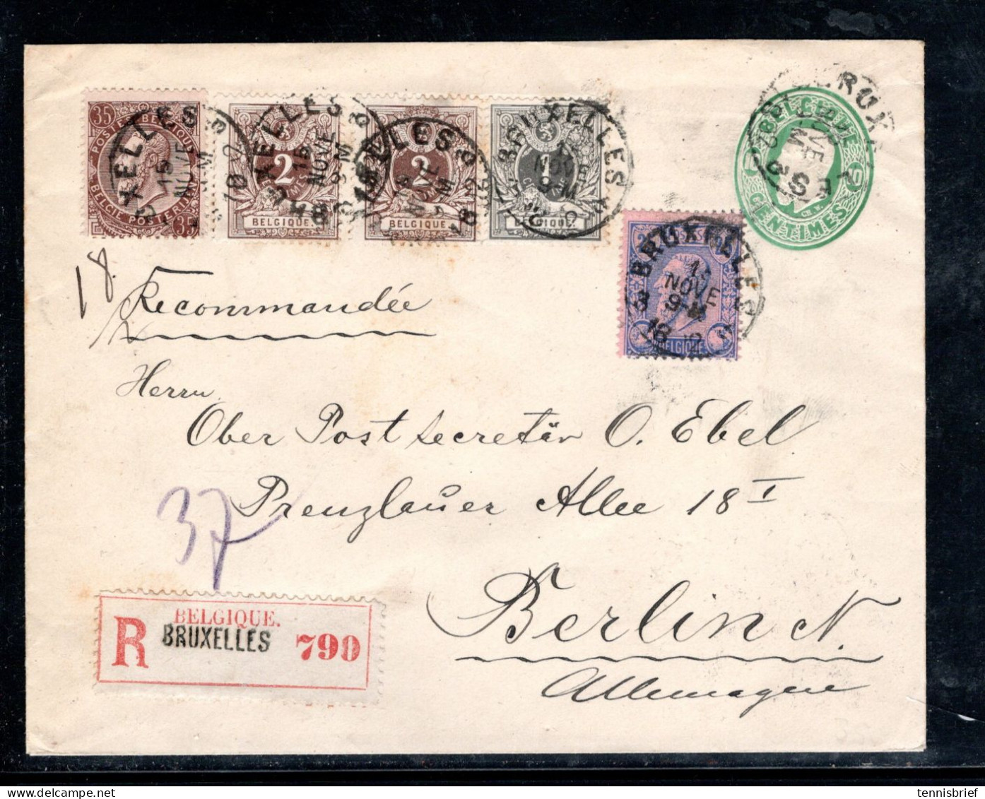 1892 ,25 C.(1884 ) Rare Mixte 35 C.( 1891) Et 1,2 C.oblit. Claire , Lettre Recom. Pour Allemagne, Au Tarif !, Rare '#225 - 1884-1891 Leopold II.