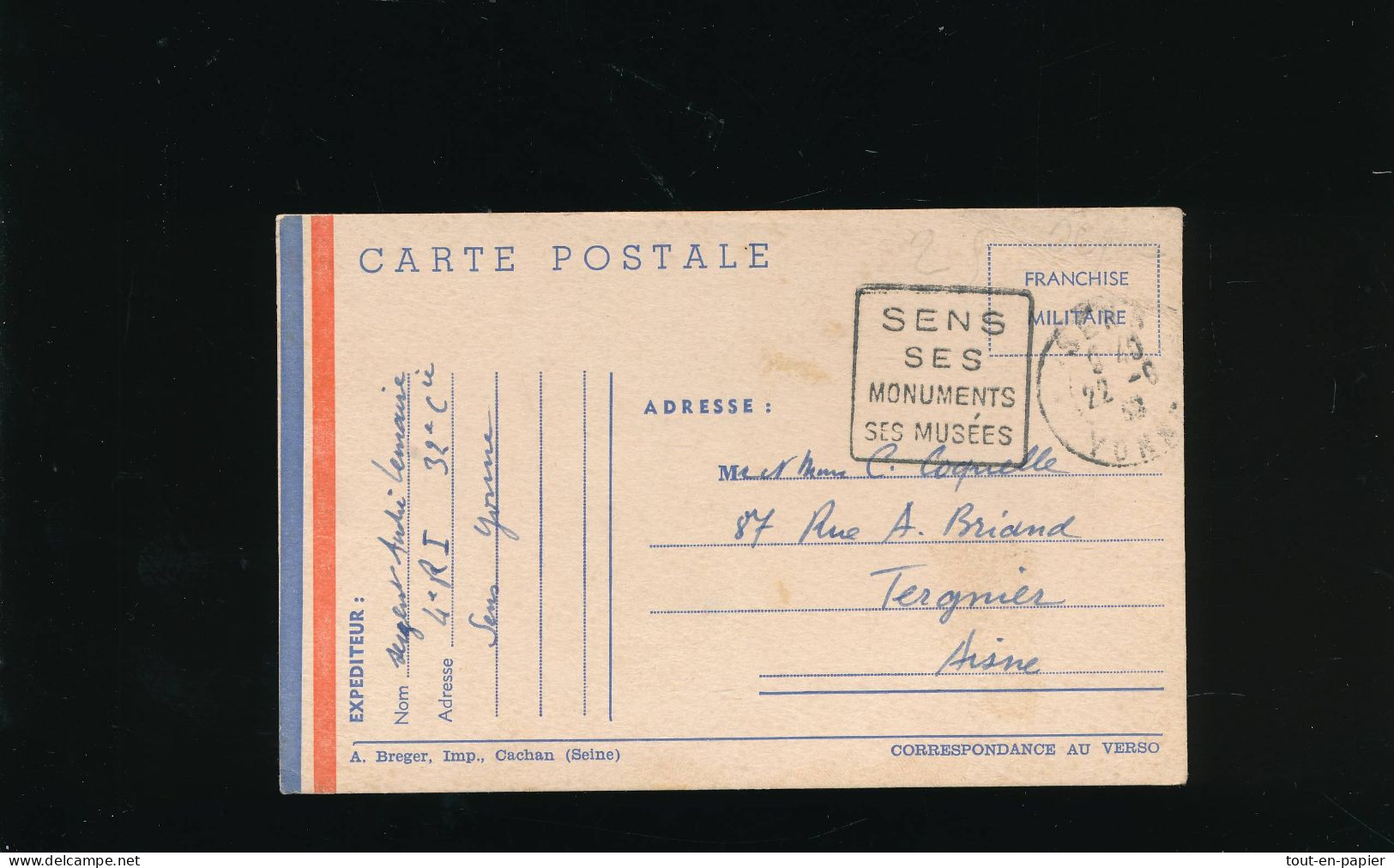 CPA Carte Postale  Franchise Militaire F.M.  4° RI 32° Compagnie De Sens Yonne  à Tergnier Aisne écrite 1939 - Oorlog 1939-45