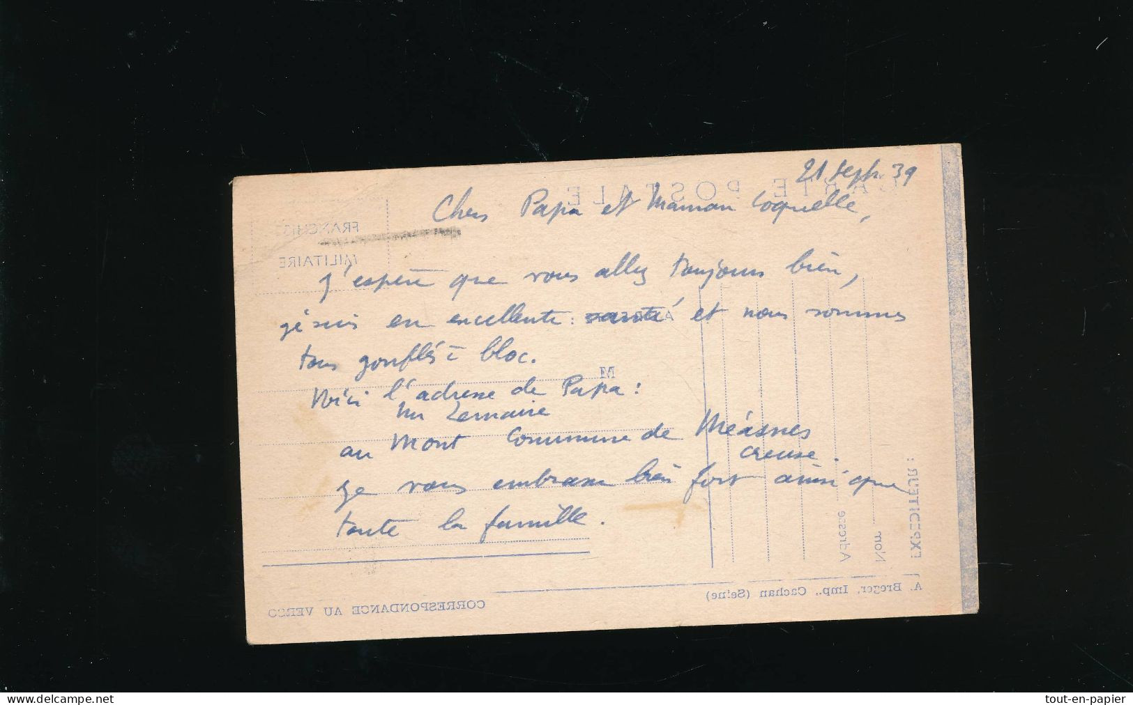 CPA Carte Postale  Franchise Militaire F.M.  4° RI 32° Compagnie De Sens Yonne  à Tergnier Aisne écrite 1939 - Weltkrieg 1939-45