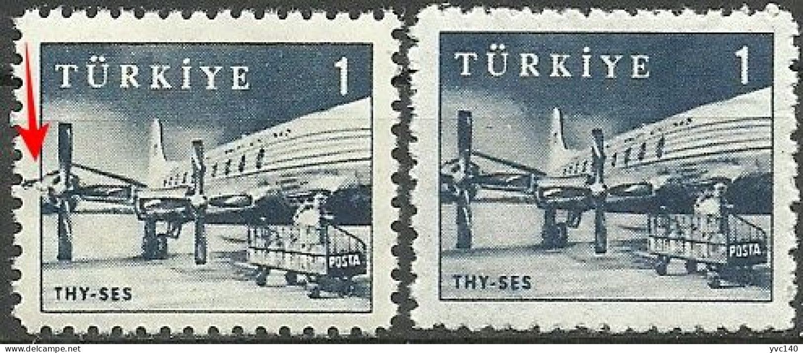 Turkey; 1959 Pictorial Postage Stamp 1 K. ERROR "Printing Stain" - Unused Stamps