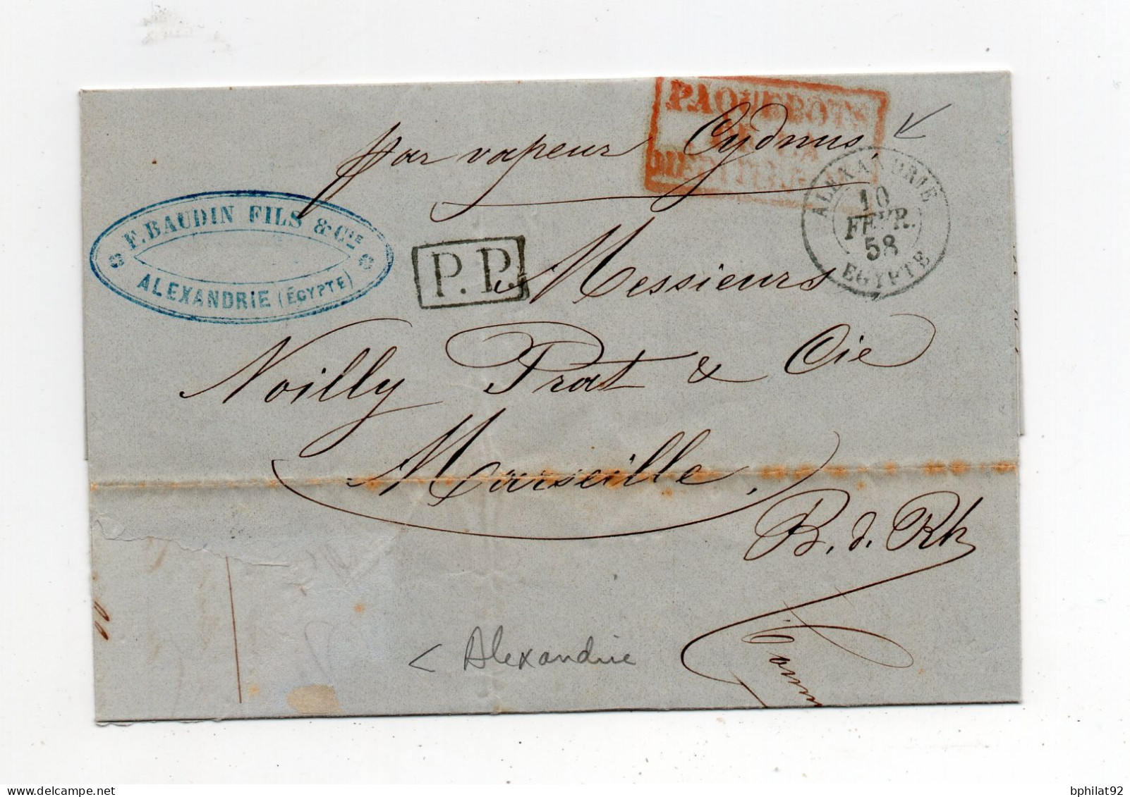 !!! LETTRE D'ALEXANDRIE POUR MARSEILLE DE 1858, CACHET PAQUEBOT DE LA MEDITERRANEE, AVEC TEXTE - Maritime Post