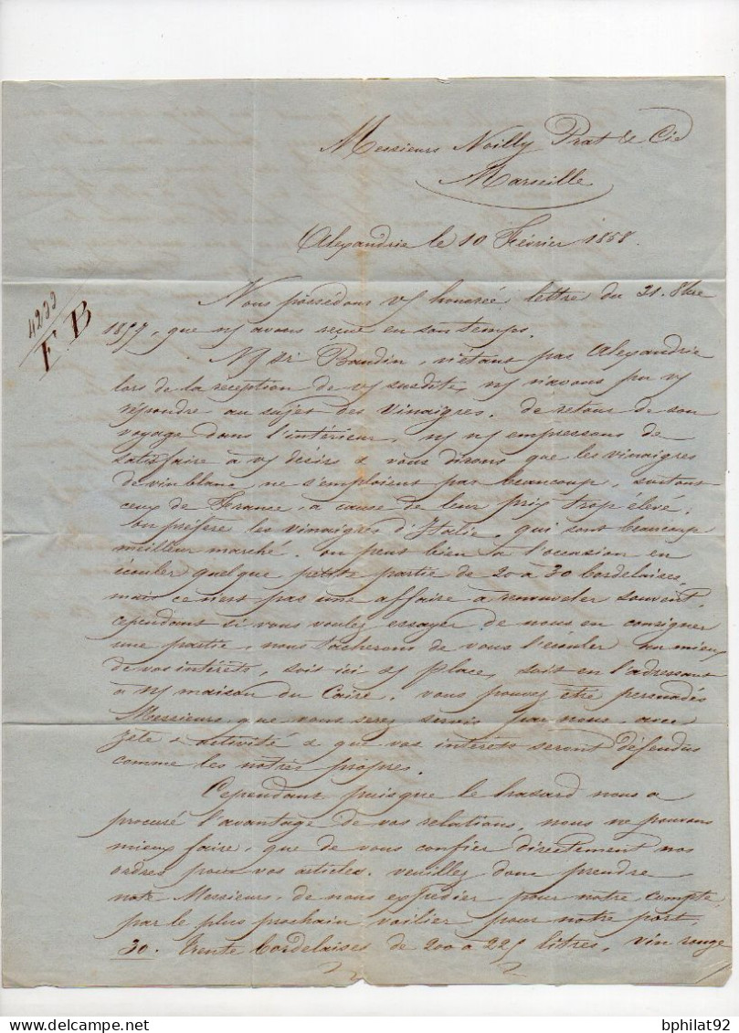 !!! LETTRE D'ALEXANDRIE POUR MARSEILLE DE 1858, CACHET PAQUEBOT DE LA MEDITERRANEE, AVEC TEXTE - Correo Marítimo