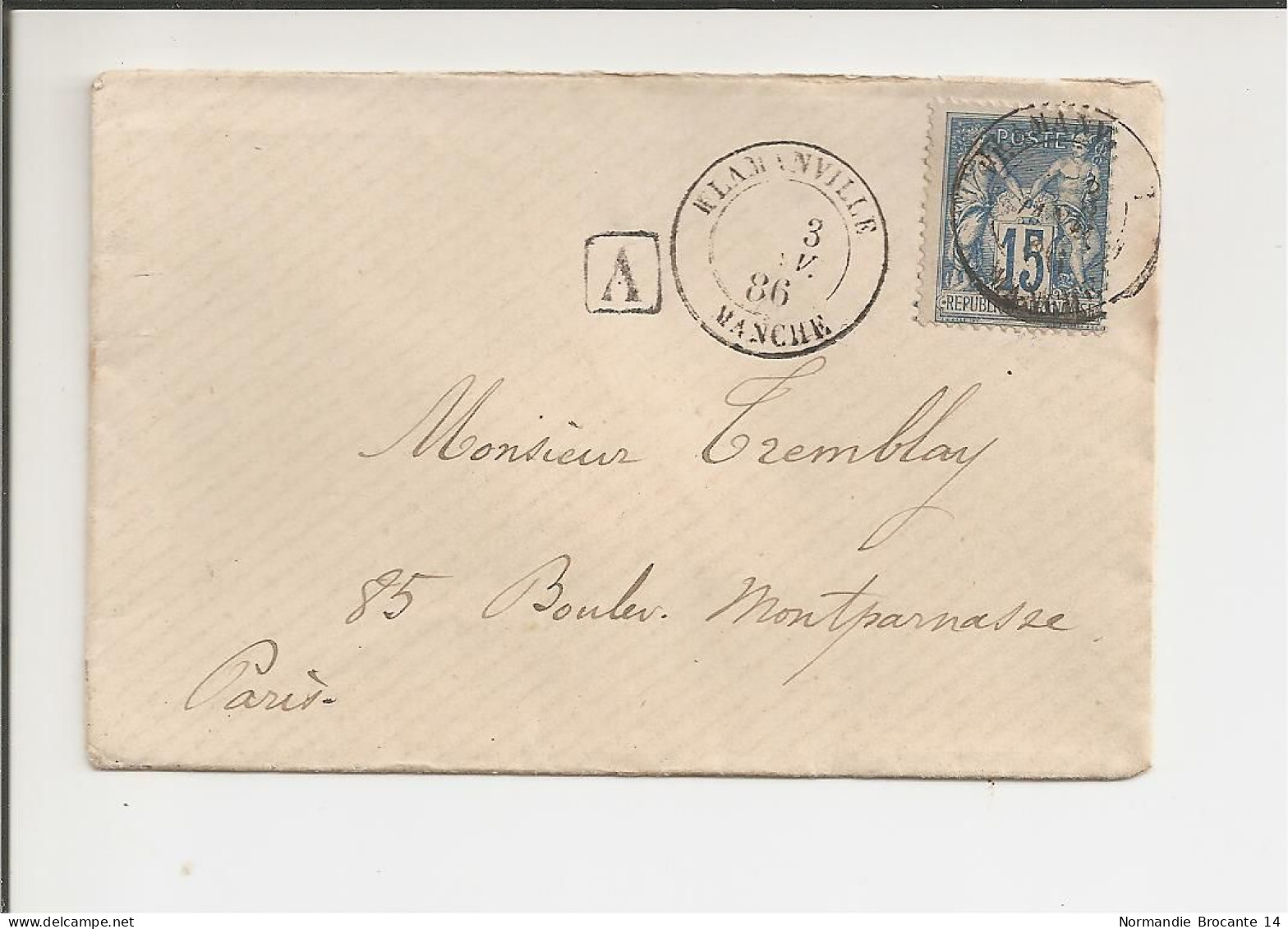 Lettre De Flamanville (La Manche) Pour Paris De 1886 - Type Sage 15 - Cachet De Cire - 1876-1898 Sage (Type II)