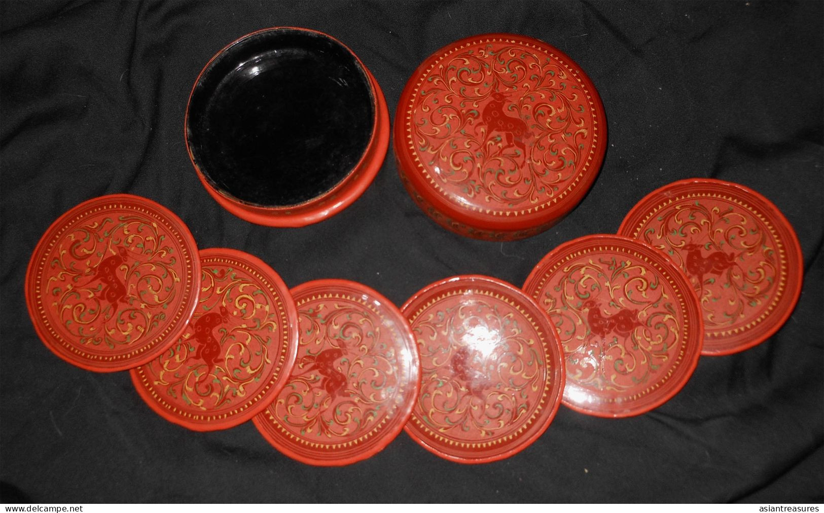 Antique Burma  Royalty 8-piece Hand-painted, Hand Etched Coaster Set Intricate Work Ca 1900 - Arte Asiatica