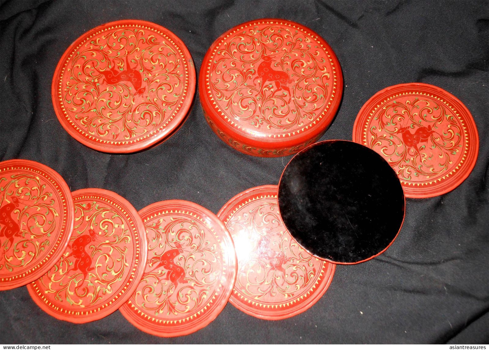 Antique Burma  Royalty 8-piece Hand-painted, Hand Etched Coaster Set Intricate Work Ca 1900 - Arte Asiatica