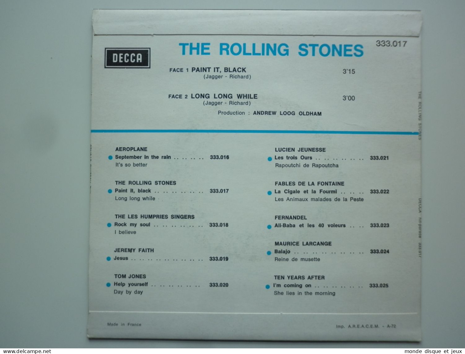 The Rolling Stones 45Tours SP Vinyle Paint It, Black / Long Long While A.R.E.A.C.E.M. – A-72 Offert Par Antar - Autres - Musique Française