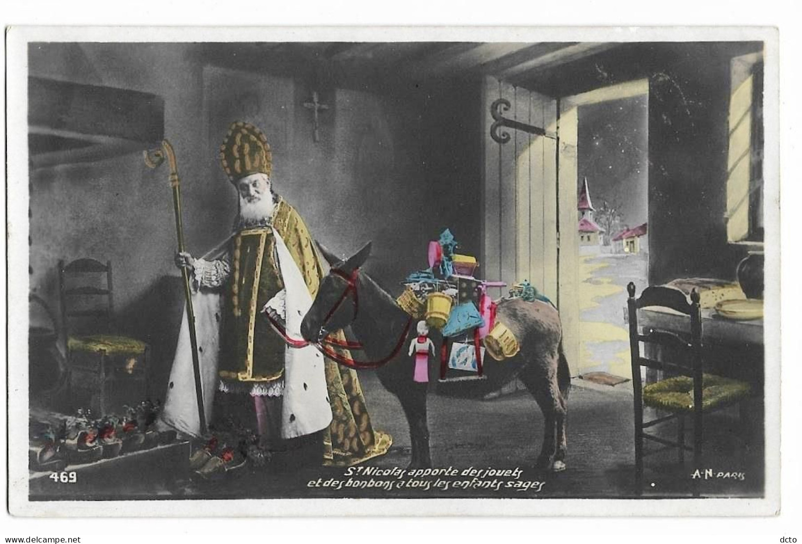 Saint Nicolas  Et Son âne Apporte Des Jouets & Des Bonbons à Tous Les Enfants Sages AN 469, Décoration Liserés Dorés - San Nicolás
