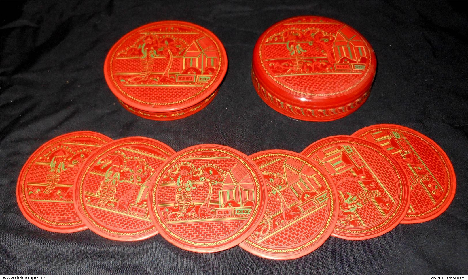 Antique Burma  Royalty 8-piece Hand-painted, Hand Etched Coaster Set Intricate Work Ca 1900 - Arte Asiatica