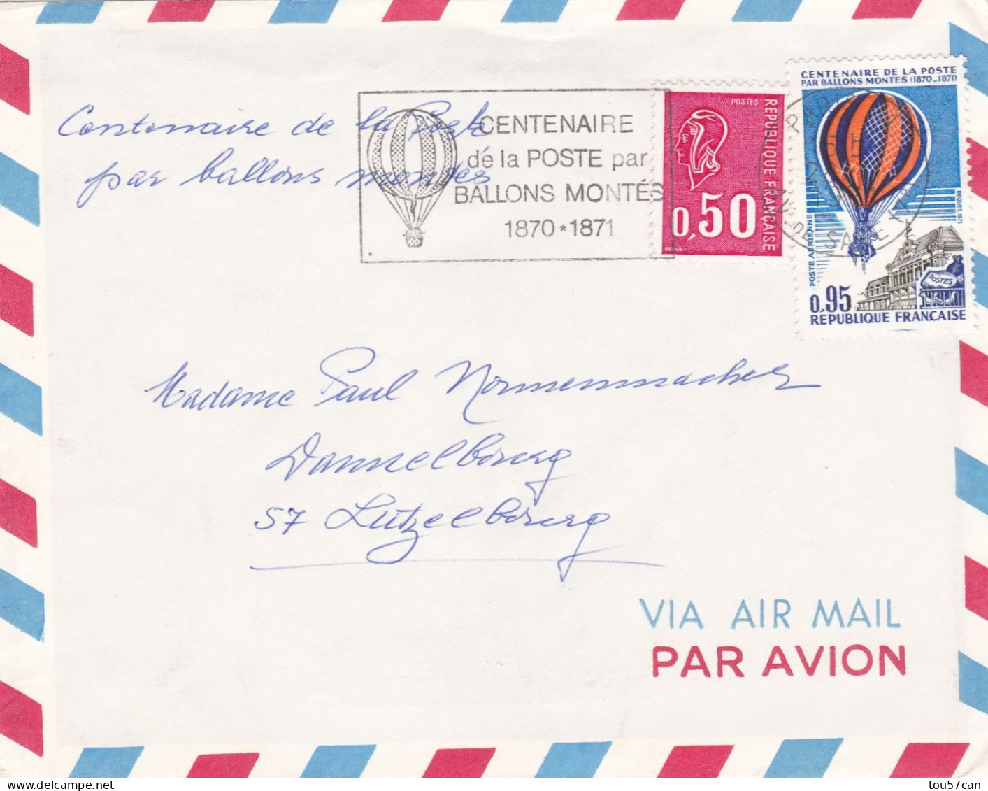 CENTENAIRE  DE LA  POSTE  PAR  BALLONS MONTES  1871 - 1971  -  MENTION  AU  VERSO  :  ATTERISSAGE  A ...... - 1960-.... Afgestempeld