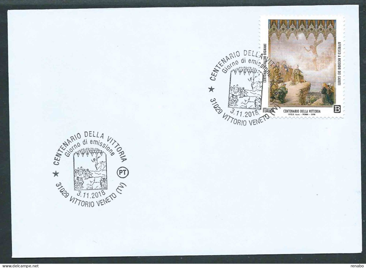 Italia, Italy,Italie,Italien 2018; Centenario Della Vittoria,ricorda I Caduti Della Grande Guerra. FDC A Vittorio Veneto - Guerre Mondiale (Première)