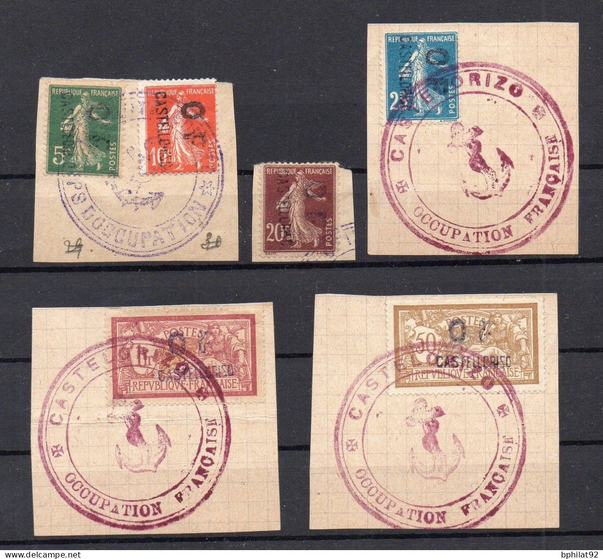 !!! CASTELLORIZO,SERIE N°37/42 OBLITEREE SUR FRAGMENT, SIGNEE BRUN - RR - Used Stamps