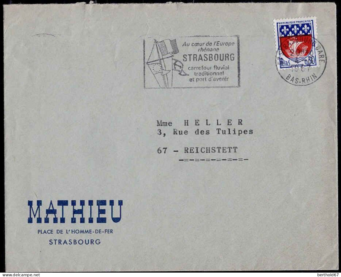 France Poste Obl Yv:1354B Mi:1497 Armoiries De Paris (TB Cachet à Date) Lettre Strasbourg 4-8-1967 - Oblitérés