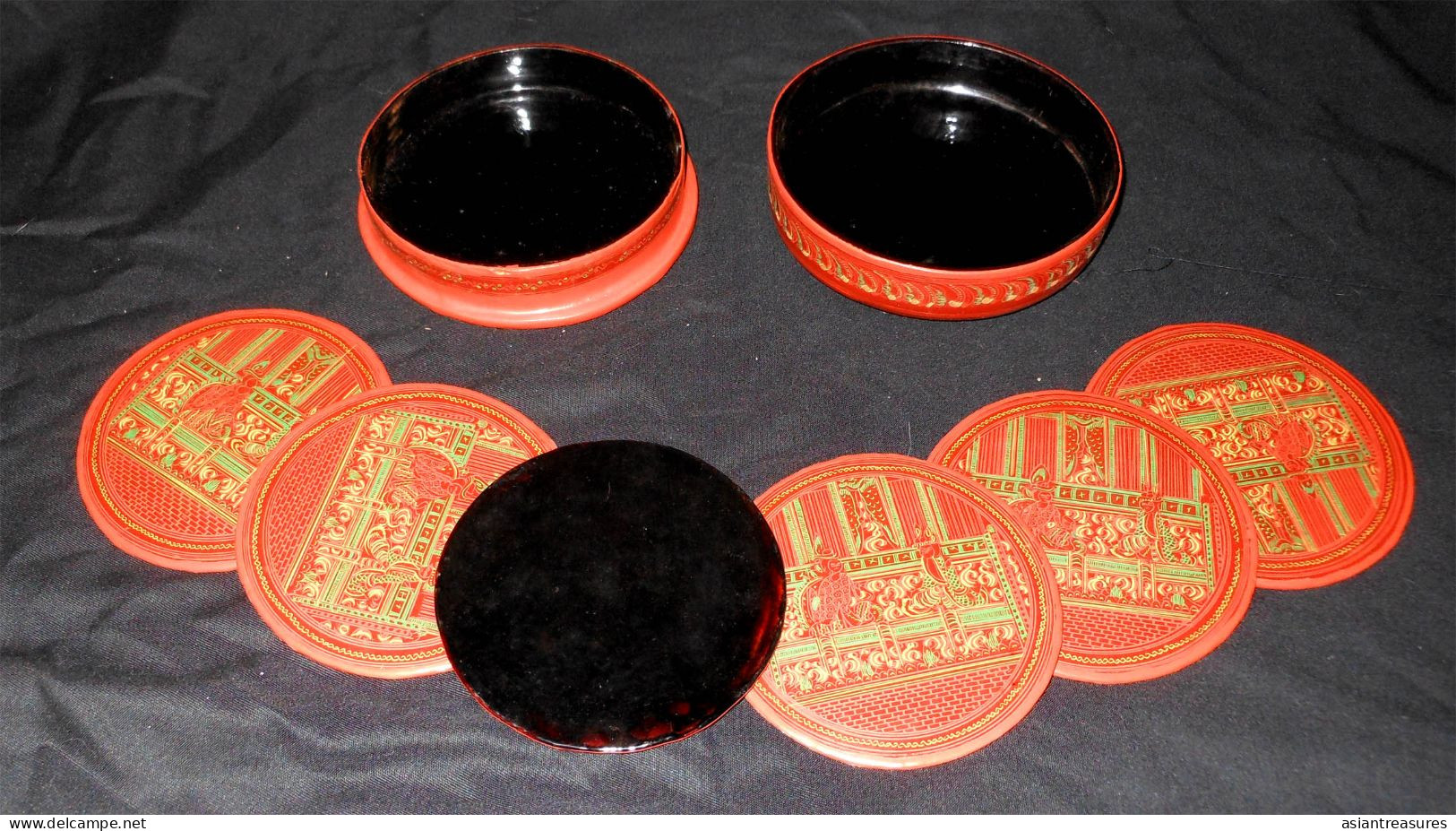 Antique Burma  Royalty 8-piece Hand-painted, Hand Etched Coaster Set Intricate Work Ca 1900 - Aziatische Kunst