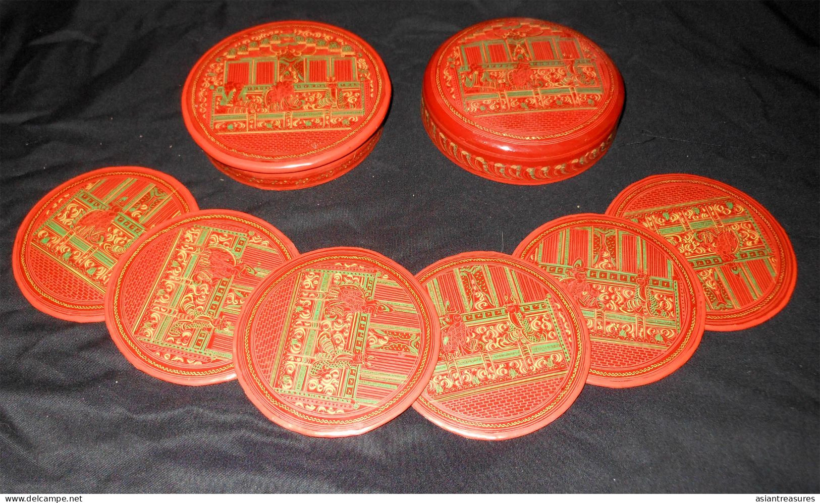 Antique Burma  Royalty 8-piece Hand-painted, Hand Etched Coaster Set Intricate Work Ca 1900 - Aziatische Kunst