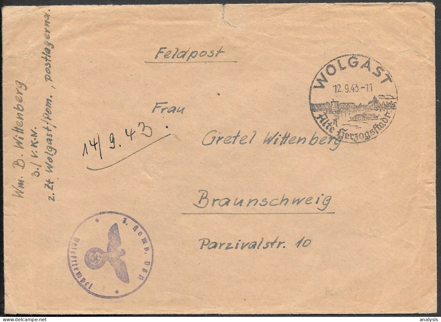 Germany WW2 Wolgast Arbeitslager 2-C Fieldpost Cover 1943. V-2 Rocket Peenemünde VKN-3 - Briefe U. Dokumente