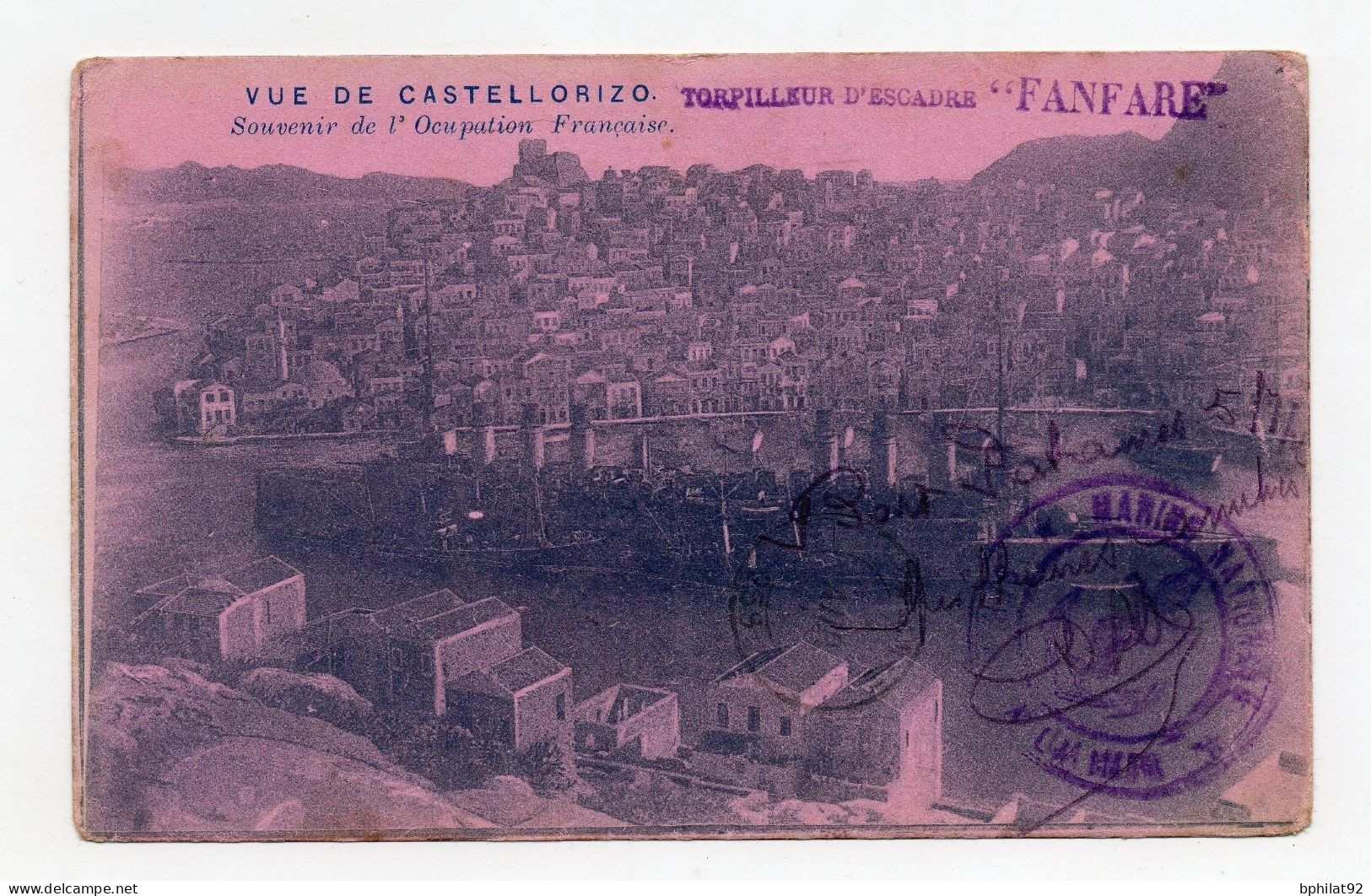 !!! OCCUPATION FRANCAISE DE CASTELLORIZO, CACHET DU TORPILLEUR "FANFARE" SUR CPA DE 1916 - RARE - Lettres & Documents