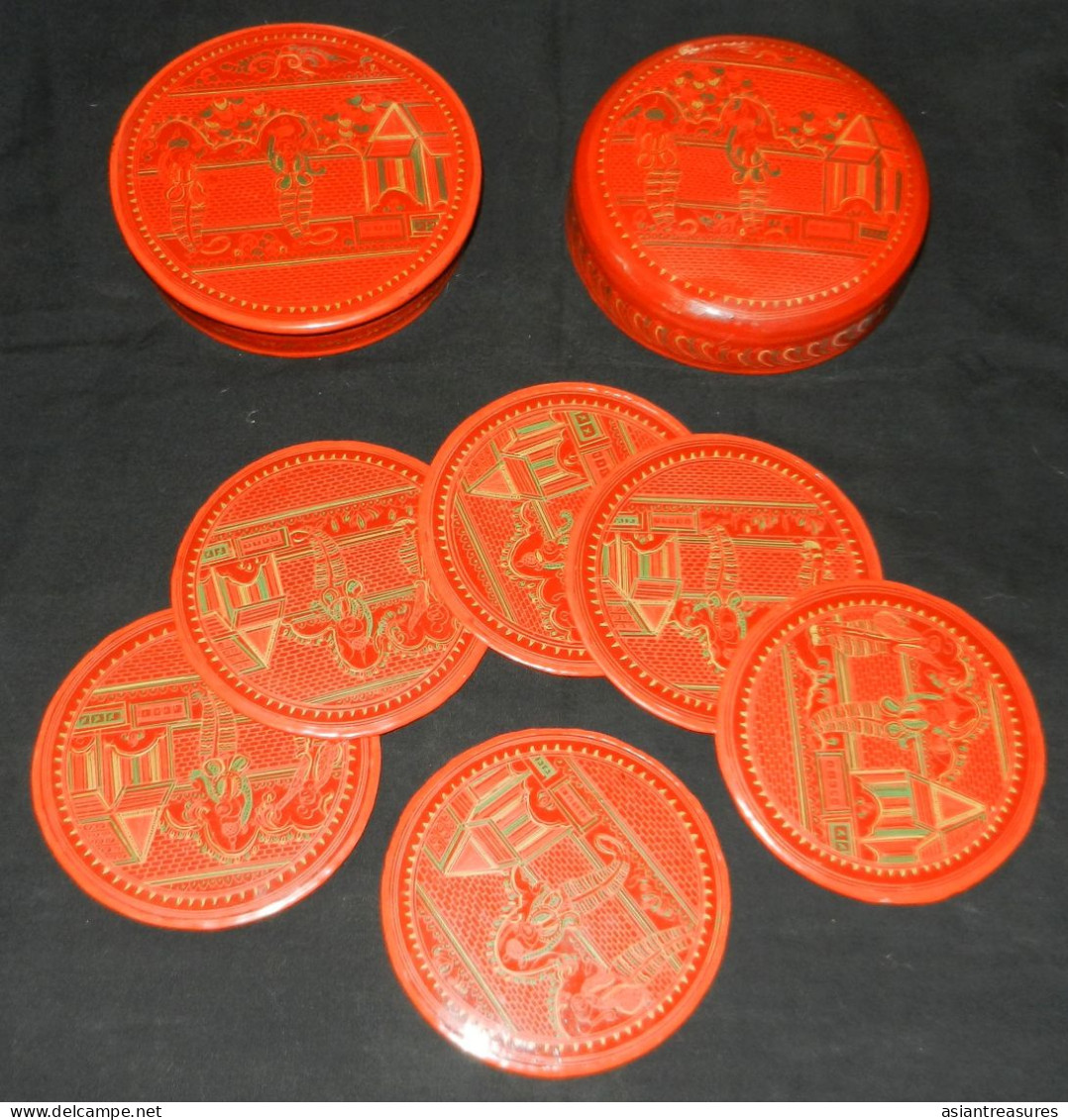 Antique Burma  Royalty 8-piece Hand-painted, Hand Etched Coaster Set Intricate Work Ca 1900 - Asian Art