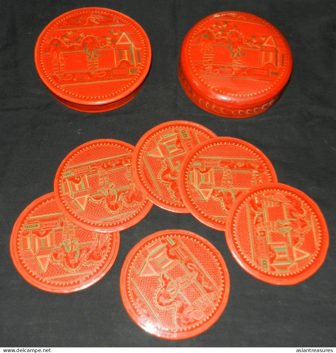 Antique Burma  Royalty 8-piece Hand-painted, Hand Etched Coaster Set Intricate Work Ca 1900 - Aziatische Kunst