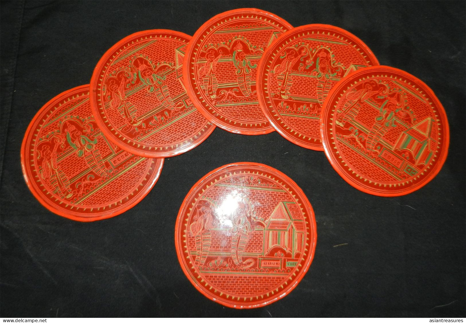 Antique Burma  Royalty 8-piece Hand-painted, Hand Etched Coaster Set Intricate Work Ca 1900 - Asian Art