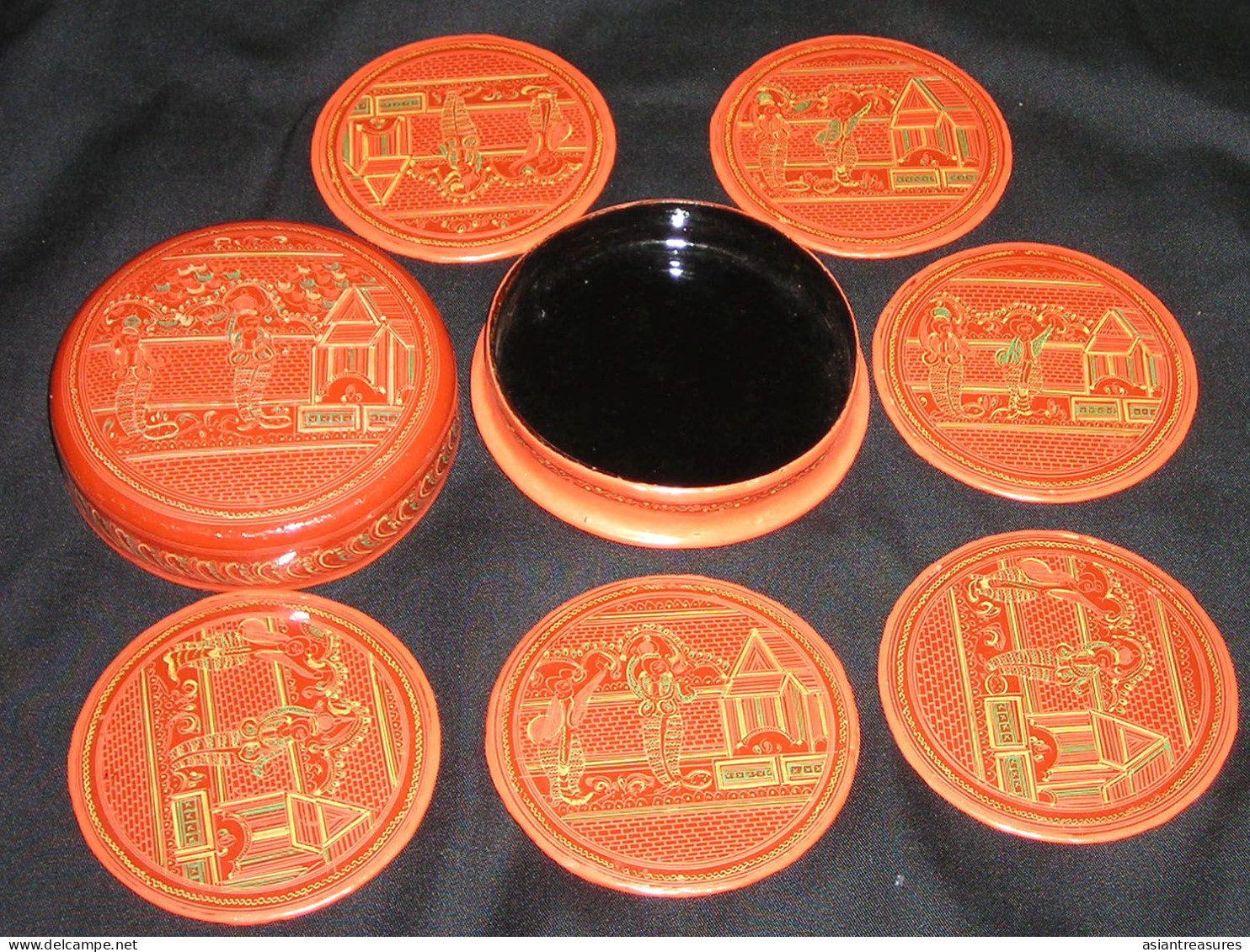 Antique Burma  Royalty 8-piece hand-painted, hand etched Coaster set intricate work ca 1900