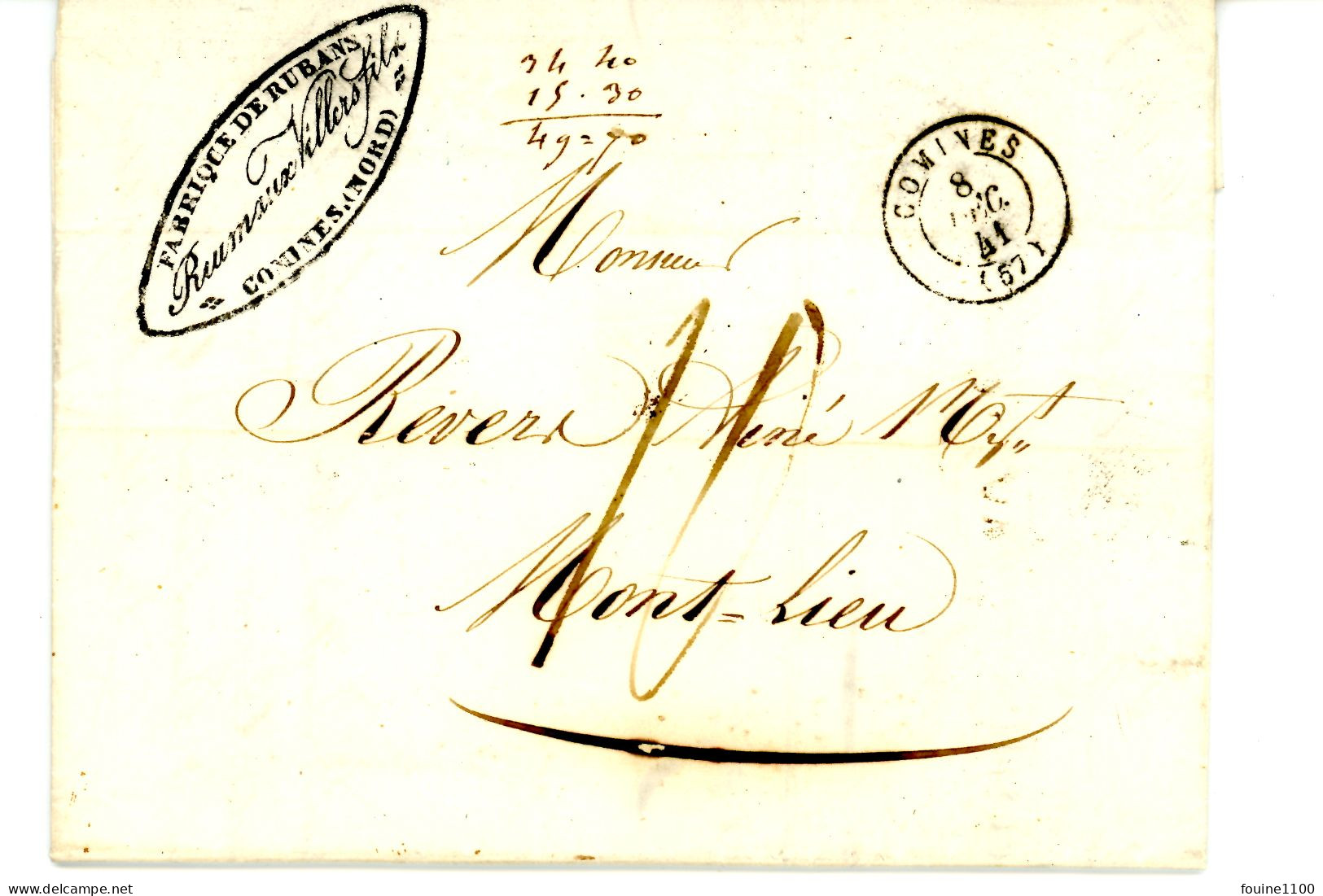 Courrier Facture An 1841 De La Fabrique De Rubans REUMAUX VILLERS à COMINES 59 NORD Pour REVERS à MONTLIEU 17 - 1801-1848: Précurseurs XIX