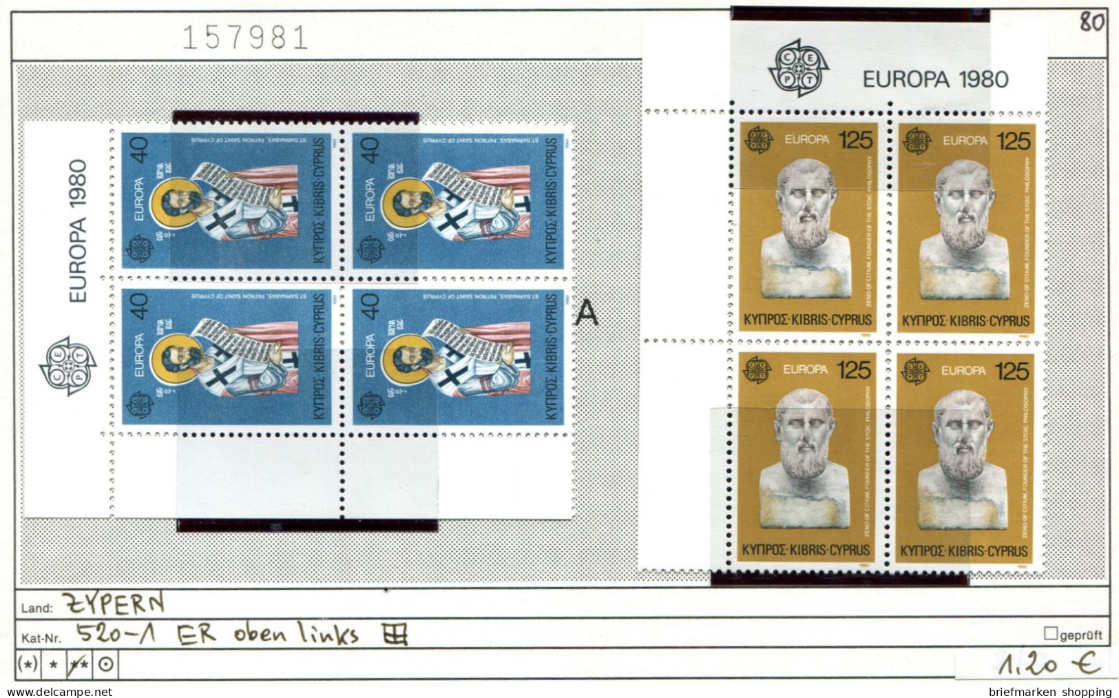 Zypern 1980 - Cyprus 1980 - Chypre 1980 - Michel 520-521  ER-Vierblock / Bloc De 4 -  ** Mnh Neuf Postfris - - Unused Stamps