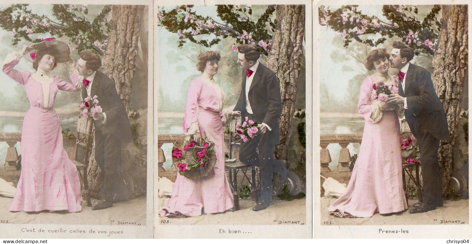 4V4Sb   Série Lot De 6 Cpa Couple Amoureux Romantique Diamant Bouquet De Roses Baiser Même Correspondance - Collections & Lots
