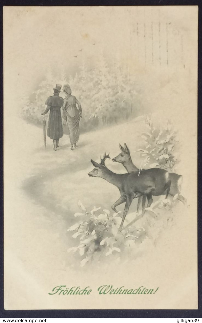 Fröhliche Weihnachten, Pärchen Im Winterwald Und Zwei Rehe, Maschinenstempel München 1909 - Autres & Non Classés