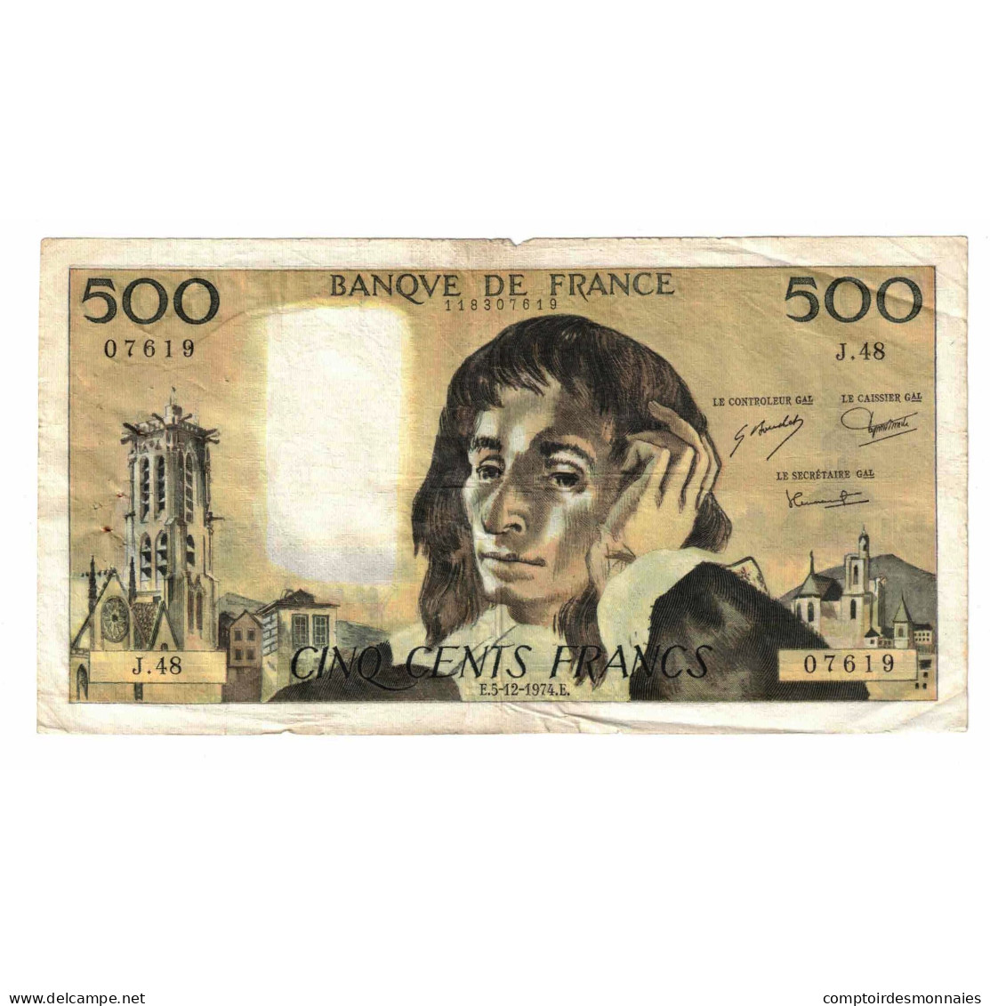 France, 500 Francs, Pascal, 1974, J.48, TB, Fayette:71.12, KM:156c - 500 F 1968-1993 ''Pascal''