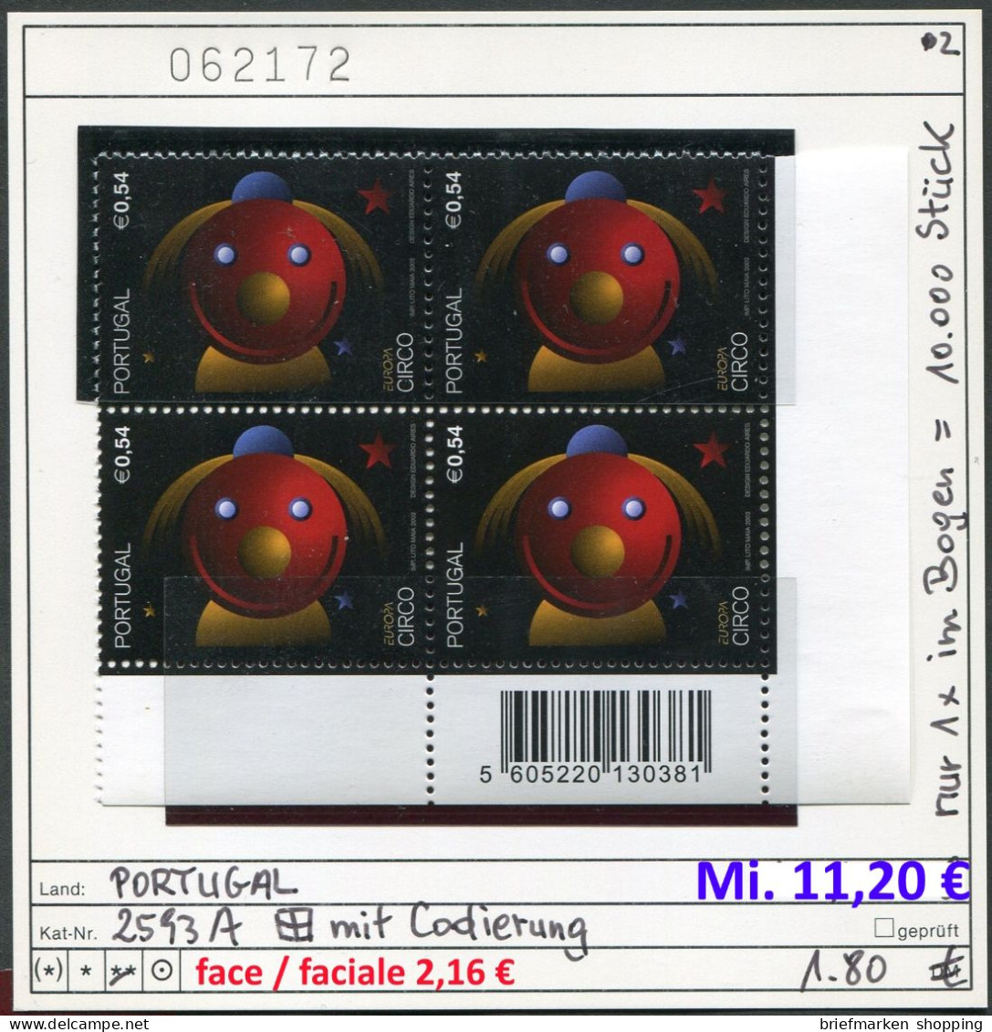 Portugal 2002 - Michel 2593 A - ** Mnh Neuf Postfris - CEPT - EUROPA - Viererblock / Bloc De 4 - Mit Code - Ungebraucht